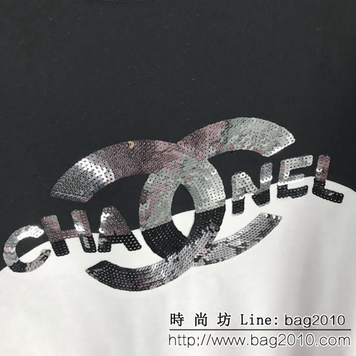 ChaneL香奈兒 19ss早春新款 黑白撞色珠片短袖 定制面料 高版本情侶款 ydi2378